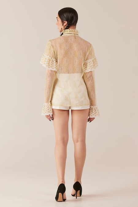 Shop Therealb Gold Viscose Lace Embroidered Floral High Collar Top at Aza Fashions Shop_Therealb_Gold Viscose Lace Embroidered Floral High Collar Top _at_Aza_Fashions