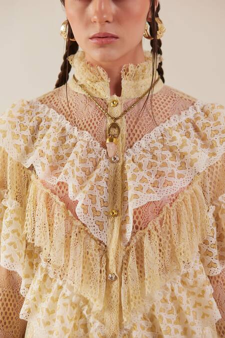 Buy Therealb Gold Viscose Lace Embroidered Floral High Collar Top Online at Aza Fashions Buy_Therealb_Gold Viscose Lace Embroidered Floral High Collar Top _Online_at_Aza_Fashions