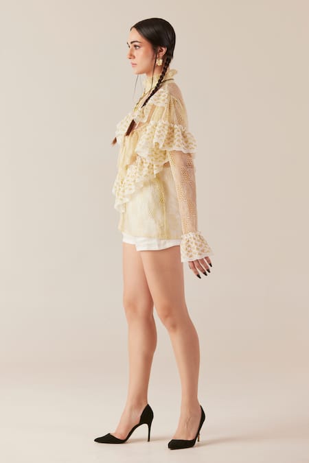 Therealb Gold Viscose Lace Embroidered Floral High Collar Top at Aza Fashions Therealb_Gold Viscose Lace Embroidered Floral High Collar Top _at_Aza_Fashions