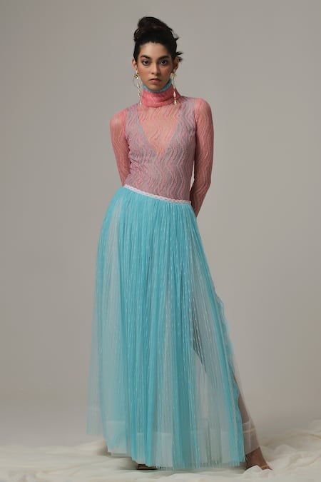 Therealb_Pink Viscose Lace Embroidered Chevron High Collar Top _Online_at_Aza_Fashions