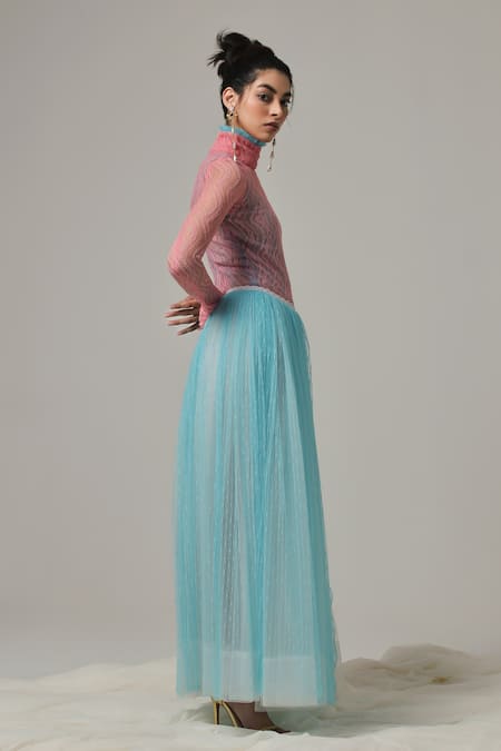 Shop_Therealb_Pink Viscose Lace Embroidered Chevron High Collar Top _Online_at_Aza_Fashions