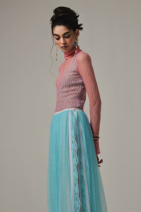 Therealb_Pink Viscose Lace Embroidered Chevron High Collar Top _at_Aza_Fashions