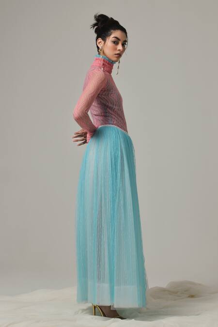 Shop_Therealb_Blue Viscose Lace Embroidered Geometric Skirt _Online_at_Aza_Fashions