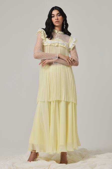 Therealb Yellow Georgette Embroidered Geometric Mandarin Collar Top Online at Aza Fashions Therealb_Yellow Georgette Embroidered Geometric Mandarin Collar Top _Online_at_Aza_Fashions