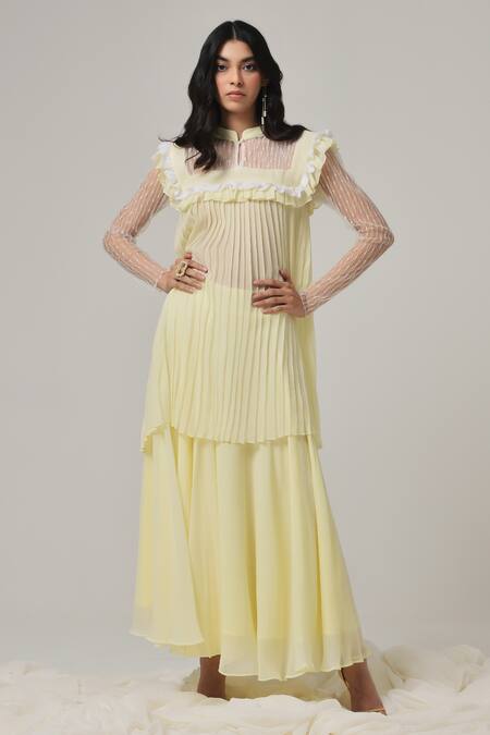 Shop Therealb Yellow Georgette Embroidered Geometric Mandarin Collar Top Online at Aza Fashions Shop_Therealb_Yellow Georgette Embroidered Geometric Mandarin Collar Top _Online_at_Aza_Fashions