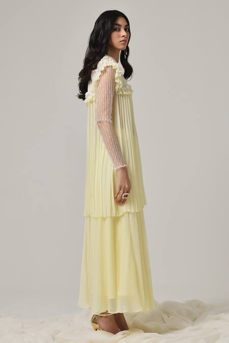 Therealb Yellow Georgette Embroidered Geometric Mandarin Collar Top at Aza Fashions Therealb_Yellow Georgette Embroidered Geometric Mandarin Collar Top _at_Aza_Fashions