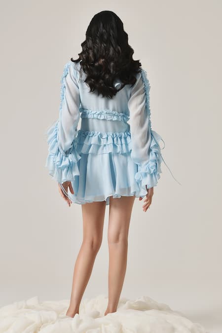 Shop Therealb Blue Georgette Solid V Neck Ruffled Top at Aza Fashions Shop_Therealb_Blue Georgette Solid V Neck Ruffled Top _at_Aza_Fashions