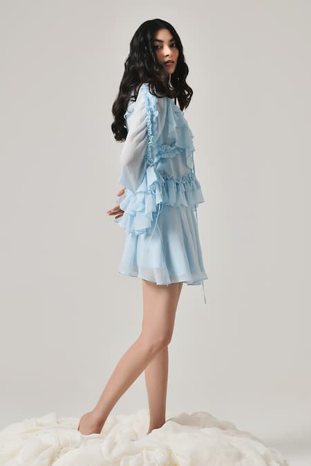 Therealb Blue Georgette Solid V Neck Ruffled Top Online at Aza Fashions Therealb_Blue Georgette Solid V Neck Ruffled Top _Online_at_Aza_Fashions