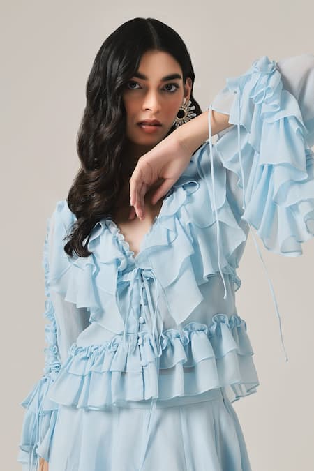 Shop Therealb Blue Georgette Solid V Neck Ruffled Top Online at Aza Fashions Shop_Therealb_Blue Georgette Solid V Neck Ruffled Top _Online_at_Aza_Fashions