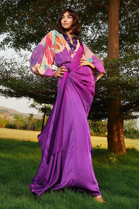Babita Malkani_Purple Georgette Sequins, Beads Collared Floral Print Top _at_Aza_Fashions