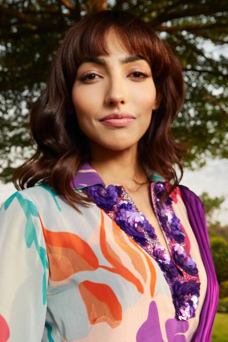 Shop_Babita Malkani_Purple Georgette Sequins, Beads Collared Floral Print Top 