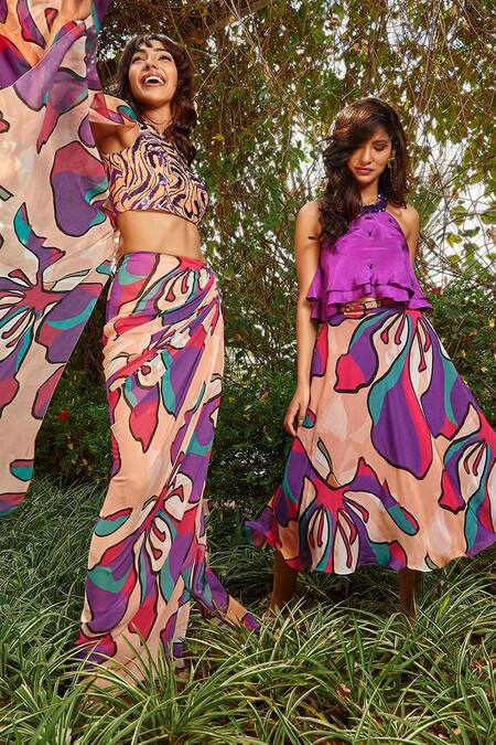 Buy Babita Malkani Peach Crepe Sequins, Cut Work Round Neck Floral Pattern Top Online at Aza Fashions Buy_Babita Malkani_Peach Crepe Sequins, Cut Work Round Neck Floral Pattern Top _Online_at_Aza_Fashions