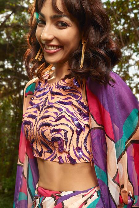 Babita Malkani Peach Crepe Sequins, Cut Work Round Neck Floral Pattern Top at Aza Fashions Babita Malkani_Peach Crepe Sequins, Cut Work Round Neck Floral Pattern Top _at_Aza_Fashions