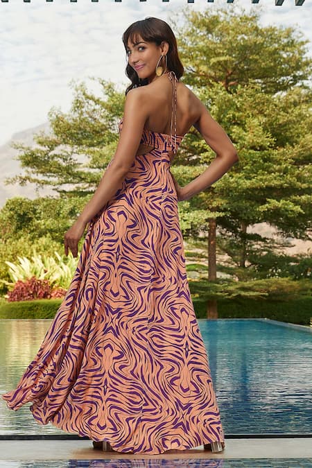 Babita Malkani Peach Crepe Sequins, Beads, Cut Work Halter Neck Abstract Print Maxi Dress Online at Aza Fashions Babita Malkani_Peach Crepe Sequins, Beads, Cut Work Halter Neck Abstract Print Maxi Dress _Online_at_Aza_Fashions