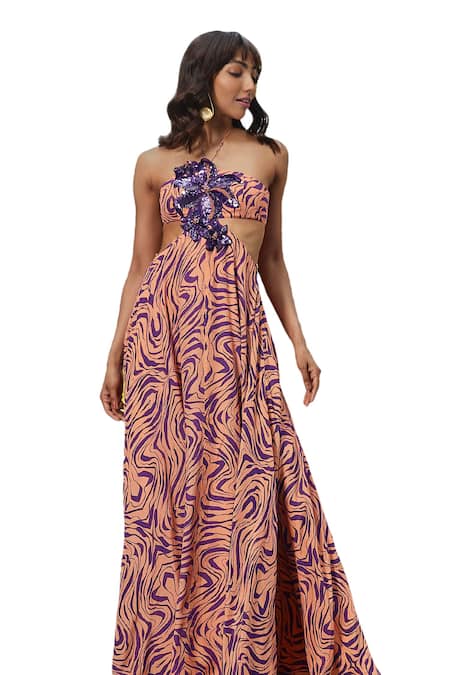 Buy Babita Malkani Peach Crepe Sequins, Beads, Cut Work Halter Neck Abstract Print Maxi Dress Online at Aza Fashions Buy_Babita Malkani_Peach Crepe Sequins, Beads, Cut Work Halter Neck Abstract Print Maxi Dress _Online_at_Aza_Fashions