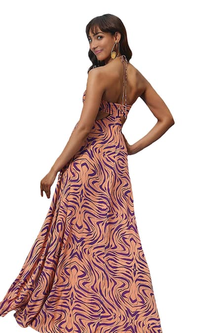Babita Malkani Peach Crepe Sequins, Beads, Cut Work Halter Neck Abstract Print Maxi Dress at Aza Fashions Babita Malkani_Peach Crepe Sequins, Beads, Cut Work Halter Neck Abstract Print Maxi Dress _at_Aza_Fashions