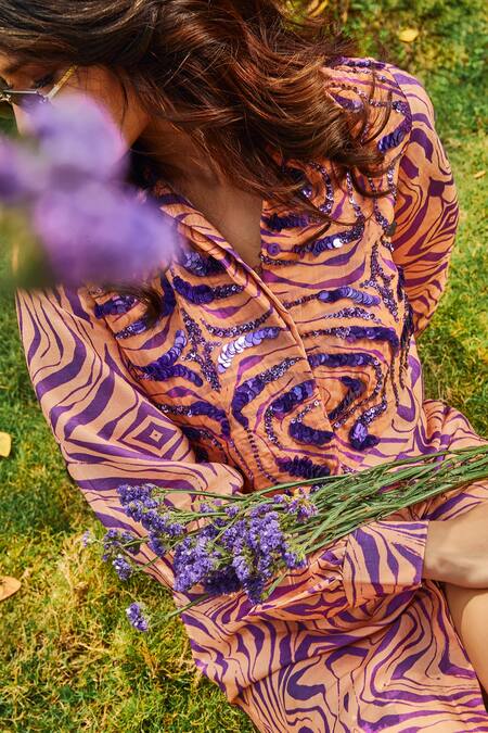 Babita Malkani Peach Silk, Organza Sequins, Cut Work Collared Abstract Print Shirt Dress Online at Aza Fashions Babita Malkani_Peach Silk, Organza Sequins, Cut Work Collared Abstract Print Shirt Dress _Online_at_Aza_Fashions