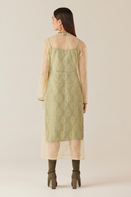 Shop Therealb Gold Viscose Lace Embroidered Floral Dress Tie-up Neck With Slip at Aza Fashions Shop_Therealb_Gold Viscose Lace Embroidered Floral Dress Tie-up Neck With Slip _at_Aza_Fashions