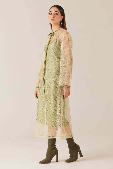 Therealb Gold Viscose Lace Embroidered Floral Dress Tie-up Neck With Slip Online at Aza Fashions Therealb_Gold Viscose Lace Embroidered Floral Dress Tie-up Neck With Slip _Online_at_Aza_Fashions