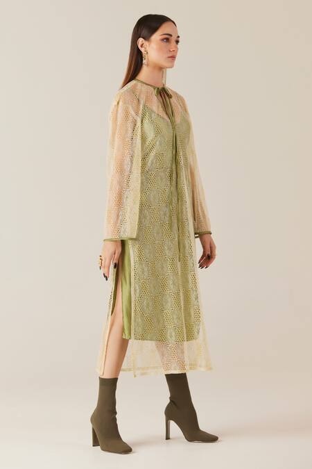 Buy Therealb Gold Viscose Lace Embroidered Floral Dress Tie-up Neck With Slip Online at Aza Fashions Buy_Therealb_Gold Viscose Lace Embroidered Floral Dress Tie-up Neck With Slip _Online_at_Aza_Fashions