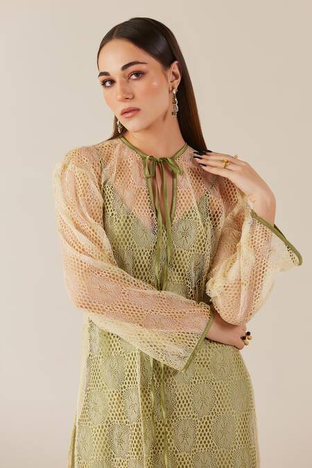 Shop Therealb Gold Viscose Lace Embroidered Floral Dress Tie-up Neck With Slip Online at Aza Fashions Shop_Therealb_Gold Viscose Lace Embroidered Floral Dress Tie-up Neck With Slip _Online_at_Aza_Fashions