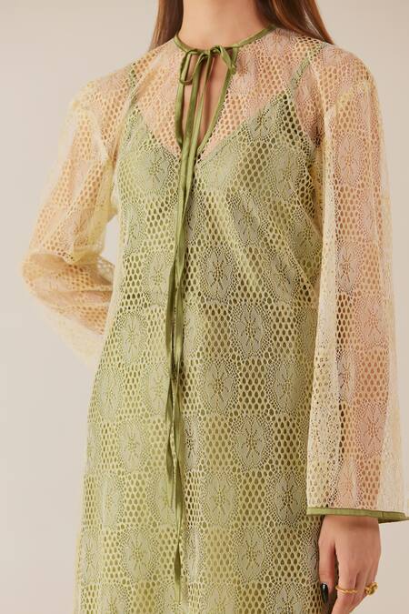 Therealb Gold Viscose Lace Embroidered Floral Dress Tie-up Neck With Slip at Aza Fashions Therealb_Gold Viscose Lace Embroidered Floral Dress Tie-up Neck With Slip _at_Aza_Fashions