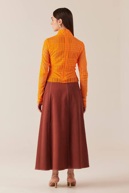 Shop Therealb Orange Top Viscose Lace Embroidered Geometric High Collar And Skirt Set at Aza Fashions Shop_Therealb_Orange Top Viscose Lace Embroidered Geometric High Collar And Skirt Set _at_Aza_Fashions