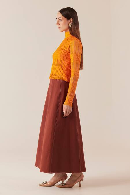 Shop Therealb Orange Top Viscose Lace Embroidered Geometric High Collar And Skirt Set Online at Aza Fashions Shop_Therealb_Orange Top Viscose Lace Embroidered Geometric High Collar And Skirt Set _Online_at_Aza_Fashions