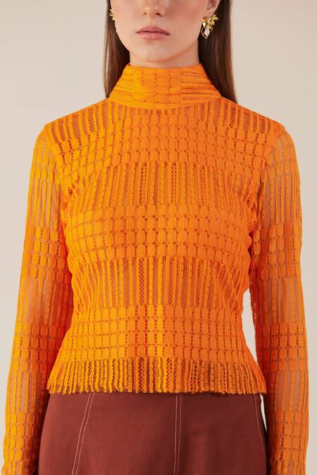Therealb Orange Top Viscose Lace Embroidered Geometric High Collar And Skirt Set at Aza Fashions Therealb_Orange Top Viscose Lace Embroidered Geometric High Collar And Skirt Set _at_Aza_Fashions