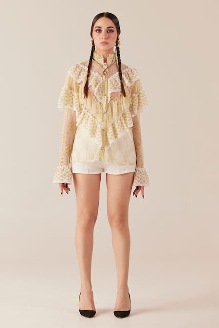 TheRealB Gold Top Viscose Lace Embroidered Floral High Collar And Shorts Set 