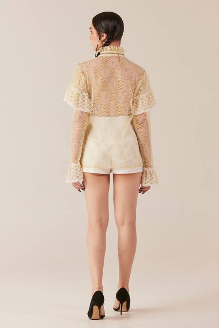 Shop Therealb Gold Top Viscose Lace Embroidered Floral High Collar And Shorts Set at Aza Fashions Shop_Therealb_Gold Top Viscose Lace Embroidered Floral High Collar And Shorts Set _at_Aza_Fashions