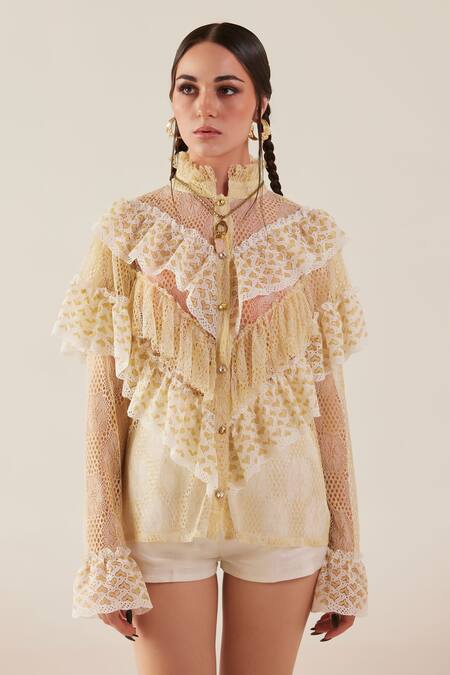 Therealb Gold Top Viscose Lace Embroidered Floral High Collar And Shorts Set Online at Aza Fashions Therealb_Gold Top Viscose Lace Embroidered Floral High Collar And Shorts Set _Online_at_Aza_Fashions