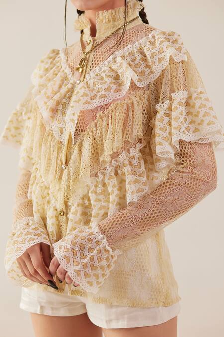 Buy Therealb Gold Top Viscose Lace Embroidered Floral High Collar And Shorts Set Online at Aza Fashions Buy_Therealb_Gold Top Viscose Lace Embroidered Floral High Collar And Shorts Set _Online_at_Aza_Fashions