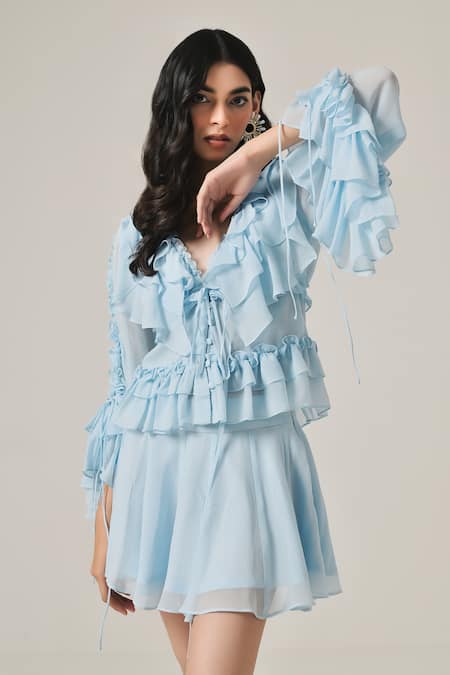 Shop Therealb Blue Georgette Solid V Neck Ruffled Top And Skirt Set Online at Aza Fashions Shop_Therealb_Blue Georgette Solid V Neck Ruffled Top And Skirt Set _Online_at_Aza_Fashions