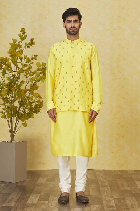 Buy Priyanka Haralalka Yellow Brocade, Silk Sequins Embroidered Bundi Kurta Set Online at Aza Fashions Buy_Priyanka Haralalka_Yellow Brocade, Silk Sequins Embroidered Bundi Kurta Set _Online_at_Aza_Fashions