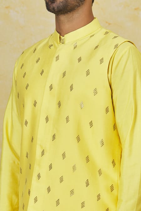 Priyanka Haralalka Yellow Brocade, Silk Sequins Embroidered Bundi Kurta Set at Aza Fashions Priyanka Haralalka_Yellow Brocade, Silk Sequins Embroidered Bundi Kurta Set _at_Aza_Fashions