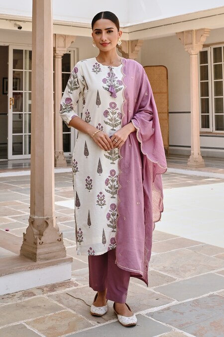 KARAJ JAIPUR Purple Kurta And Pant Cotton Printed Floral Butta Keyhole Set