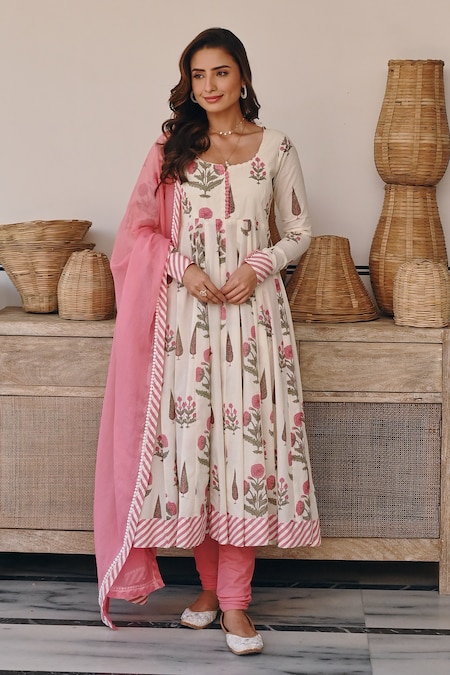 KARAJ JAIPUR Pink Anarkali And Pant Cotton Printed Floral Butta Round Neck Set