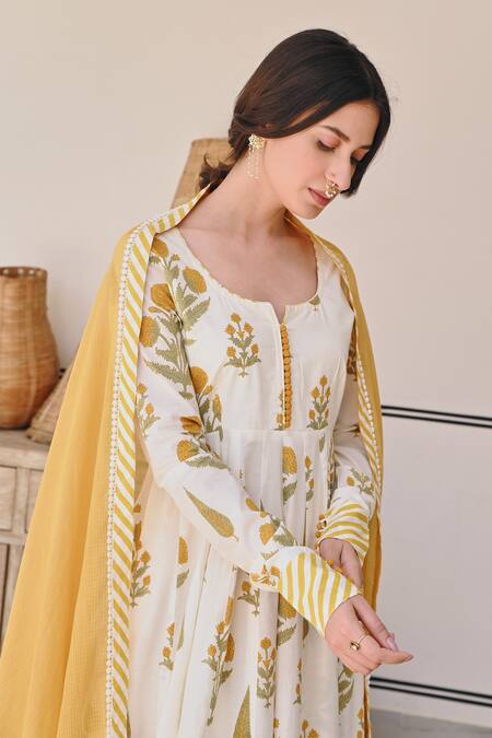 Buy Karaj Jaipur Yellow Cotton, Kota Doria Embroidery Round Neck Flower Butta Print Anarkali Set Online at Aza Fashions Buy_Karaj Jaipur_Yellow Cotton, Kota Doria Embroidery Round Neck Flower Butta Print Anarkali Set _Online_at_Aza_Fashions