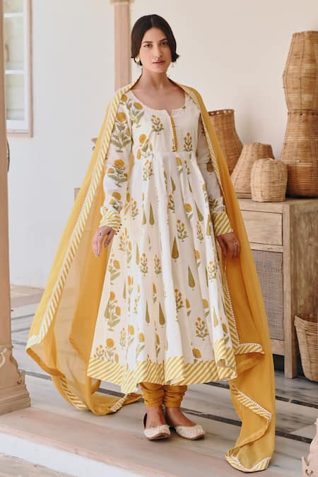 Shop Karaj Jaipur Yellow Cotton, Kota Doria Embroidery Round Neck Flower Butta Print Anarkali Set Online at Aza Fashions Shop_Karaj Jaipur_Yellow Cotton, Kota Doria Embroidery Round Neck Flower Butta Print Anarkali Set _Online_at_Aza_Fashions