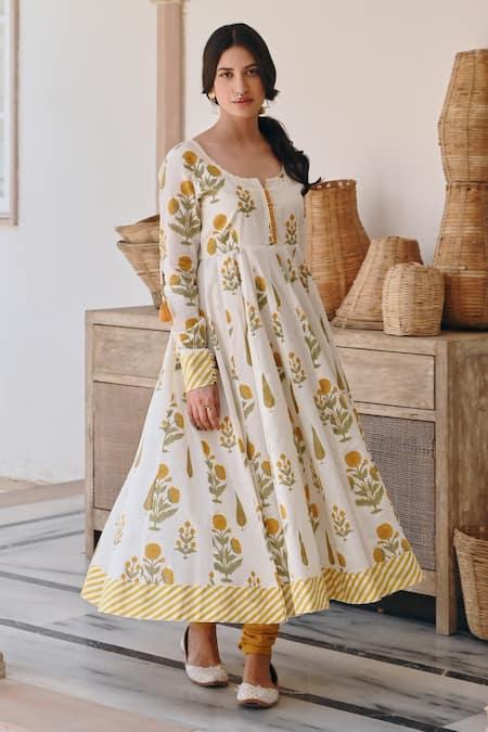 Karaj Jaipur Yellow Cotton, Kota Doria Embroidery Round Neck Flower Butta Print Anarkali Set at Aza Fashions Karaj Jaipur_Yellow Cotton, Kota Doria Embroidery Round Neck Flower Butta Print Anarkali Set _at_Aza_Fashions