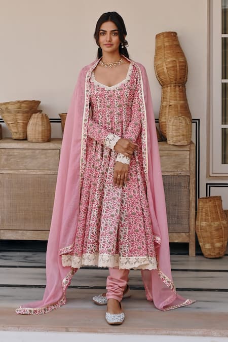 KARAJ JAIPUR Pink Anarkali And Pant Cotton Printed Lotus Notched Set