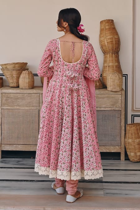Shop Karaj Jaipur Pink Cotton, Kota Doria Embroidery Split V-neck Lotus Print Anarkali Set at Aza Fashions Shop_Karaj Jaipur_Pink Cotton, Kota Doria Embroidery Split V-neck Lotus Print Anarkali Set _at_Aza_Fashions