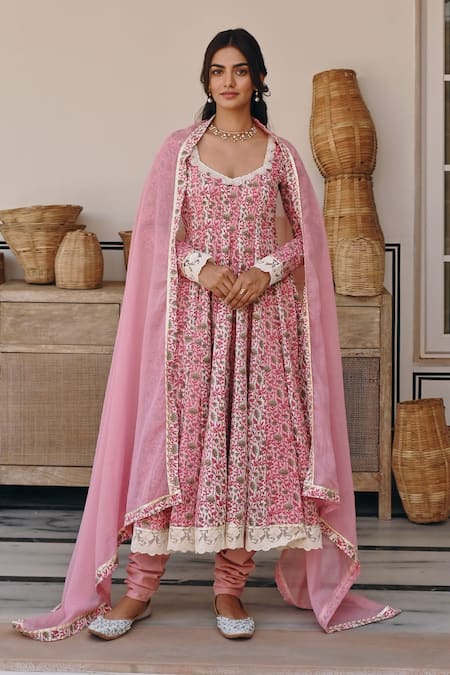 Karaj Jaipur Pink Cotton, Kota Doria Embroidery Split V-neck Lotus Print Anarkali Set Online at Aza Fashions Karaj Jaipur_Pink Cotton, Kota Doria Embroidery Split V-neck Lotus Print Anarkali Set _Online_at_Aza_Fashions