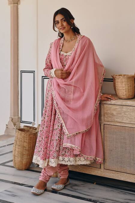 Buy Karaj Jaipur Pink Cotton, Kota Doria Embroidery Split V-neck Lotus Print Anarkali Set Online at Aza Fashions Buy_Karaj Jaipur_Pink Cotton, Kota Doria Embroidery Split V-neck Lotus Print Anarkali Set _Online_at_Aza_Fashions