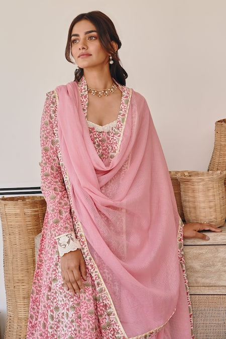 Shop Karaj Jaipur Pink Cotton, Kota Doria Embroidery Split V-neck Lotus Print Anarkali Set Online at Aza Fashions Shop_Karaj Jaipur_Pink Cotton, Kota Doria Embroidery Split V-neck Lotus Print Anarkali Set _Online_at_Aza_Fashions