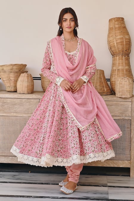 Karaj Jaipur Pink Cotton, Kota Doria Embroidery Split V-neck Lotus Print Anarkali Set at Aza Fashions Karaj Jaipur_Pink Cotton, Kota Doria Embroidery Split V-neck Lotus Print Anarkali Set _at_Aza_Fashions