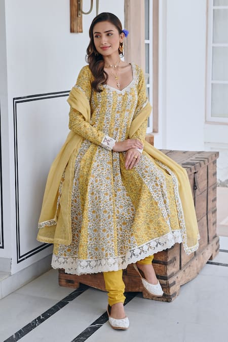 Karaj Jaipur_Yellow Cotton, Kota Doria Embroidery, Lace Split V-neck Printed Anarkali Set _at_Aza_Fashions