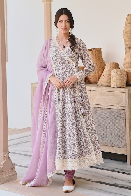 KARAJ JAIPUR Purple Angrakha Anarkali And Pant Cotton Printed Floral Vine Scallop V Neck Set