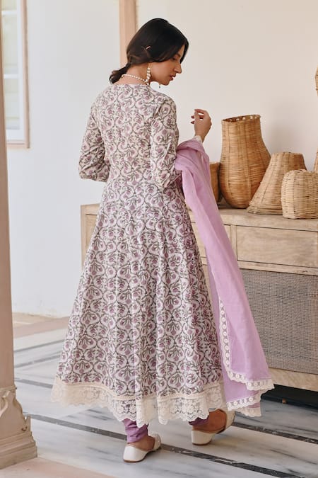 Shop Karaj Jaipur Purple Cotton, Kota Doria Lace, Embroidery Floral Vine Angrakha Anarkali Set at Aza Fashions Shop_Karaj Jaipur_Purple Cotton, Kota Doria Lace, Embroidery Floral Vine Angrakha Anarkali Set_at_Aza_Fashions
